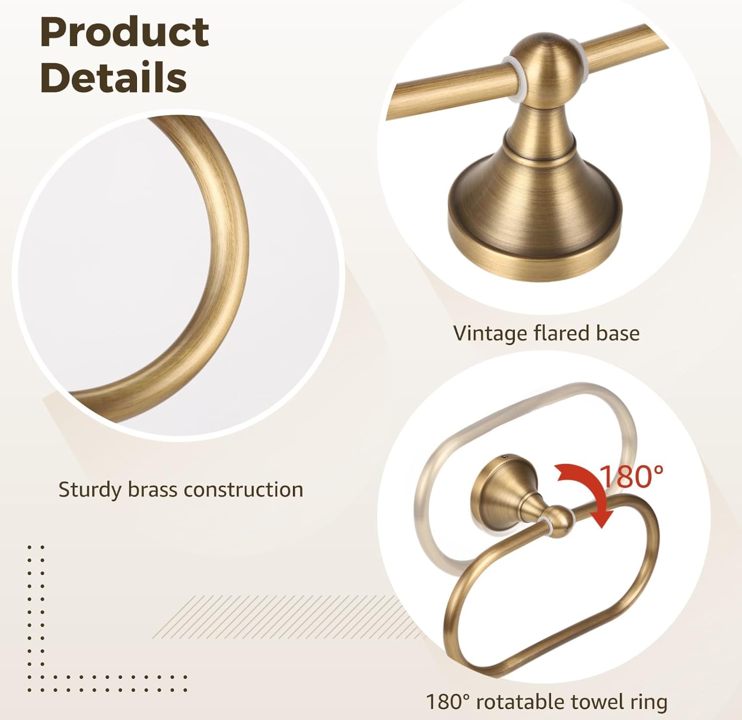 2 Pcs Wall Mount Towel Ring and Toilet Paper Holder, Antique Brass Bathroom Accessories Set, Brass Material, Space Saving, Easy Installation, for Bath & Powder Rooms