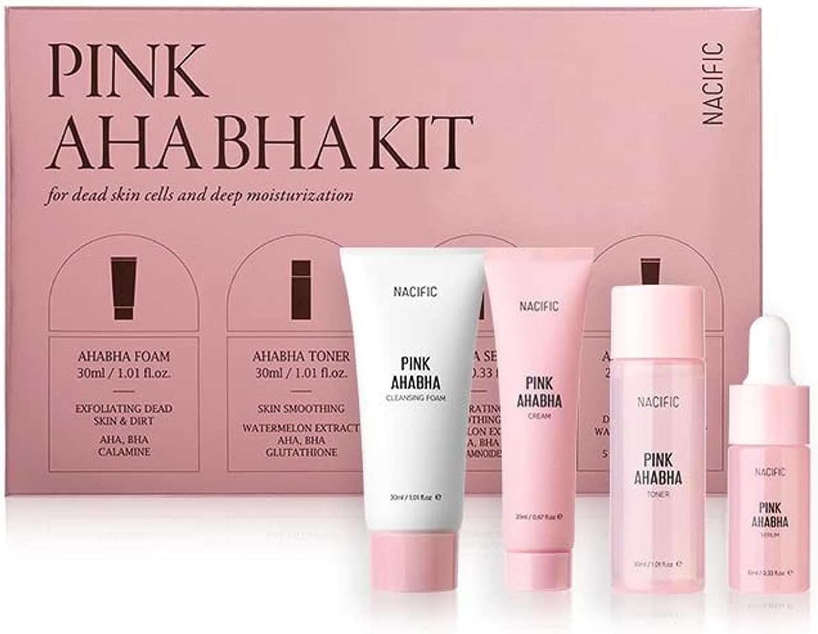 Pink AHA BHA Kit (Cleansing Foam, Toner, Serum, Cream) Travel Size Skin Care Set