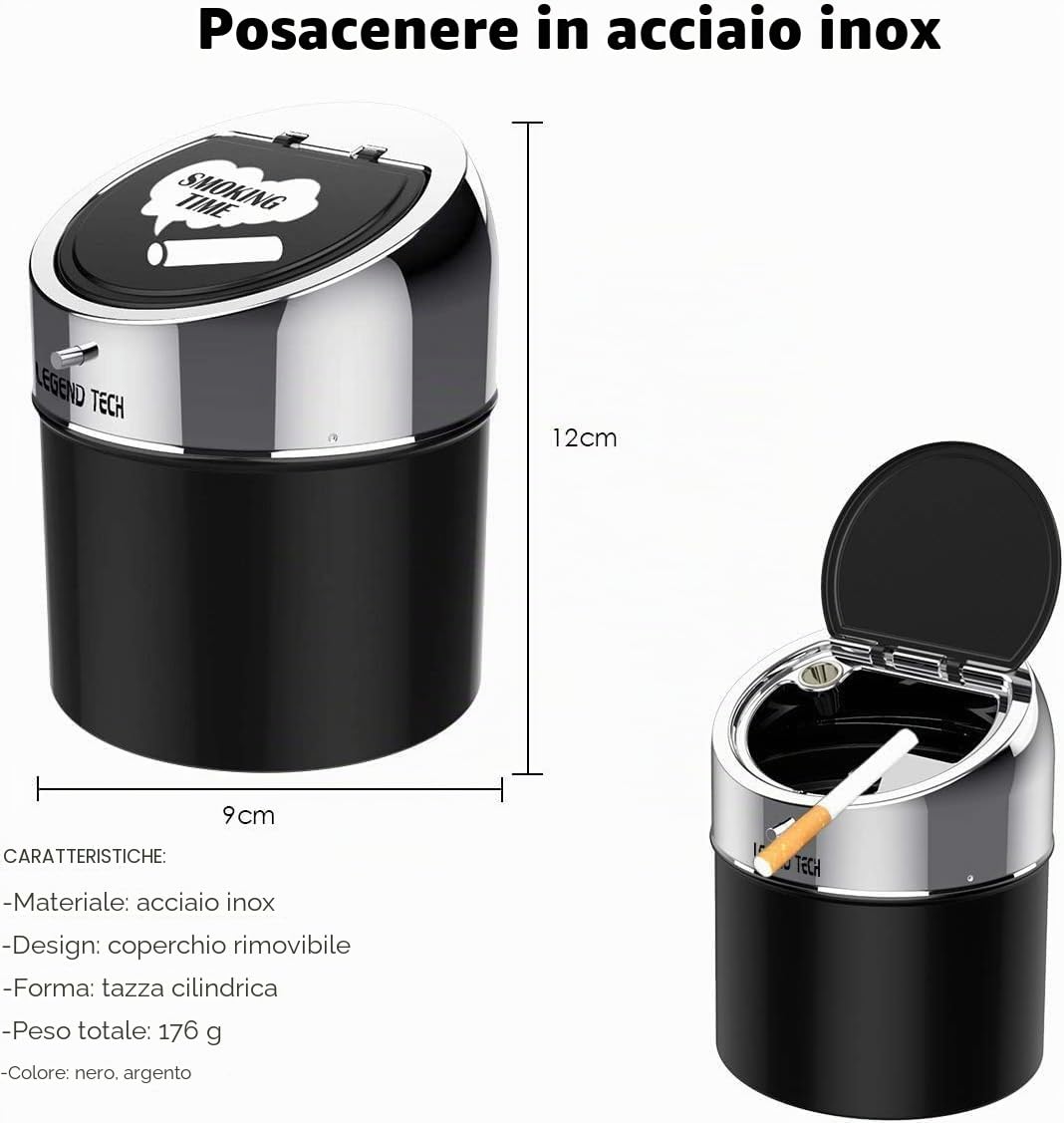 LegendTech Popielniczka ze stali nierdzewnej z pokrywką, antypoślizgowa, przenośna, wiatroszczelna, metalowa, do ogrodu, balkonu, na zewnątrz i wewnątrz (srebrny czarny)