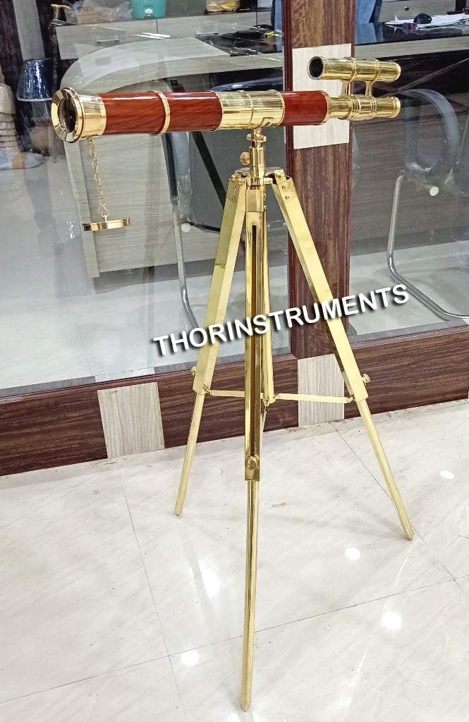 Vintage Brass & Brown Wooden Telescope Double Barrel Brass Tripod 27" Rustic Vintage Home Decor Gifts