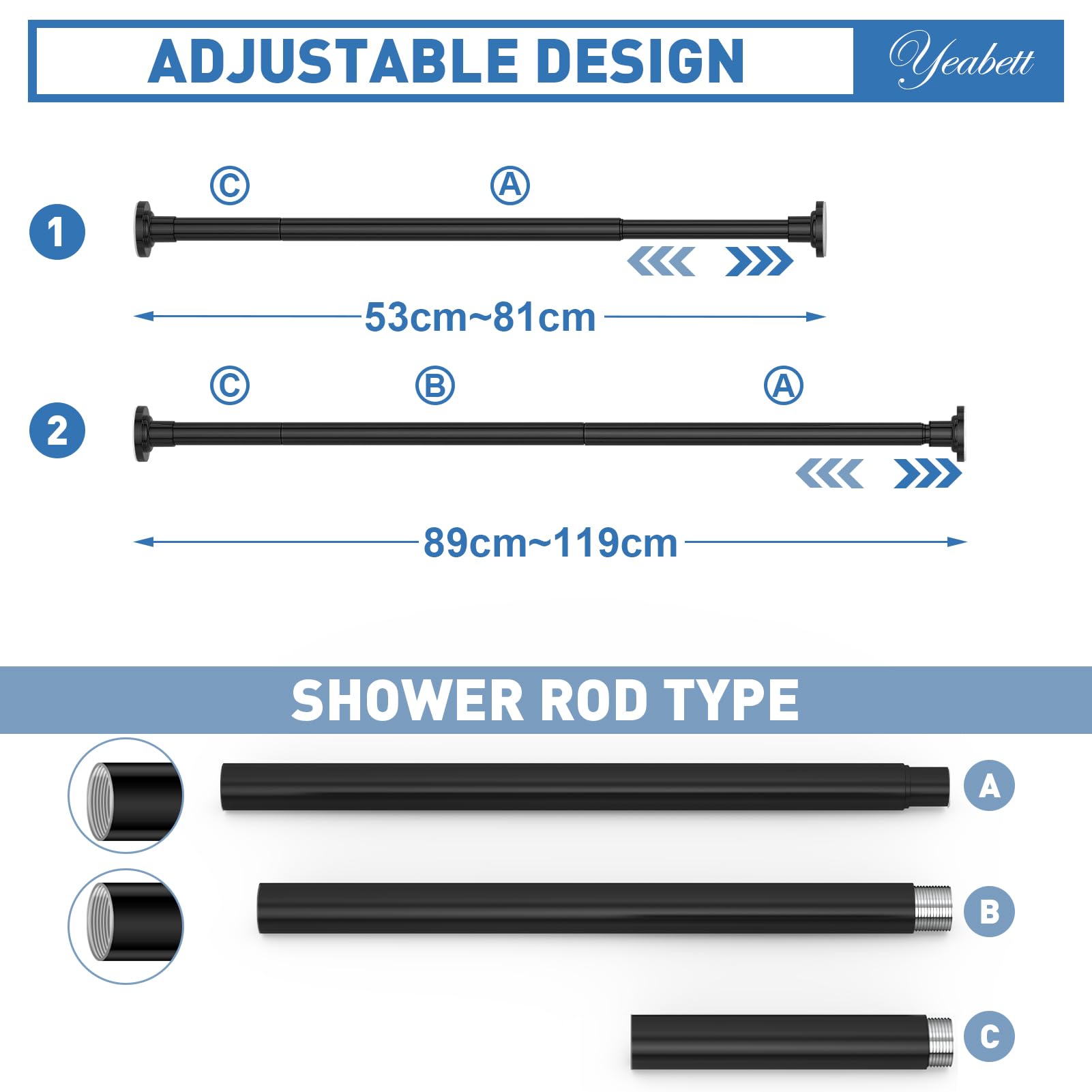 Yeabett 2 Pcs Extendable Curtain Rod, 48-119.4cm Shower Curtain Pole, Tension Rods for Curtains No Drilling, No Slip, No Rust, Black - Image 2