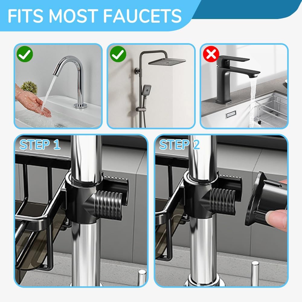 Eadwe Sink Organizer Rack for Kitchen and Bathroom, 2024 New Kitchen Sink Faucet Organizer with Drip Tray Faucet Sponge Holder (Black, Left+Right)
