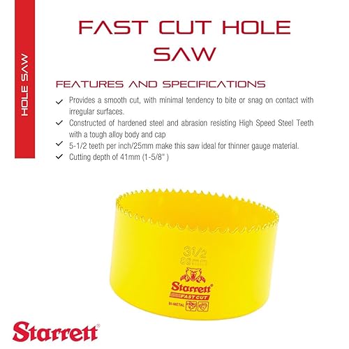 Miniatura 2 de Starrett FCH0312-G - Sierra de agujero recto de corte rápido bimetálica con dientes HSS resistentes a la abrasión, ideal para cortar metal, acero y