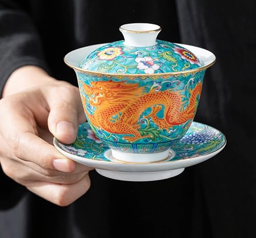 Miniatura 4 de Emoyi Esmalte Gaiwan 5oz5.1 fl oz Taza de té de porcelana verde Sancai Juego de taza de té con tapa de patrón de dragón