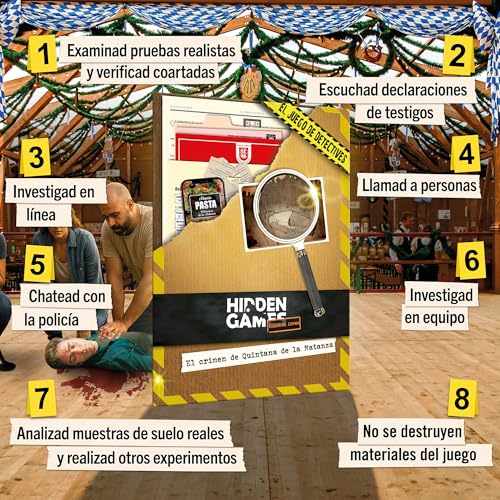 Hidden Games Escena del Crimen: El Crimen de Quintana de la Matanza, crimenes imperfectos, Exit Juego de Mesa de Misterio y Detectives cooperativo, 1-6 Jugadores, a Partir de 14 años, en español