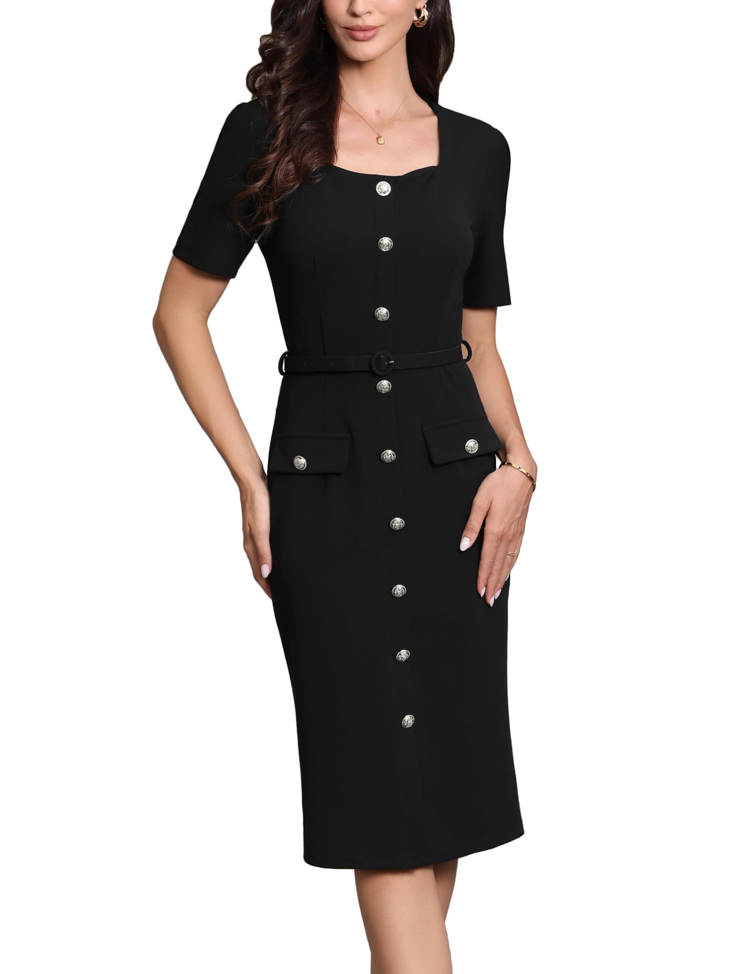 Allegra K Arbeitskleid für Damen, quadratischer Ausschnitt, Knopfleiste, kurze Ärmel, Vintage, Etuikleider mit Gürtel