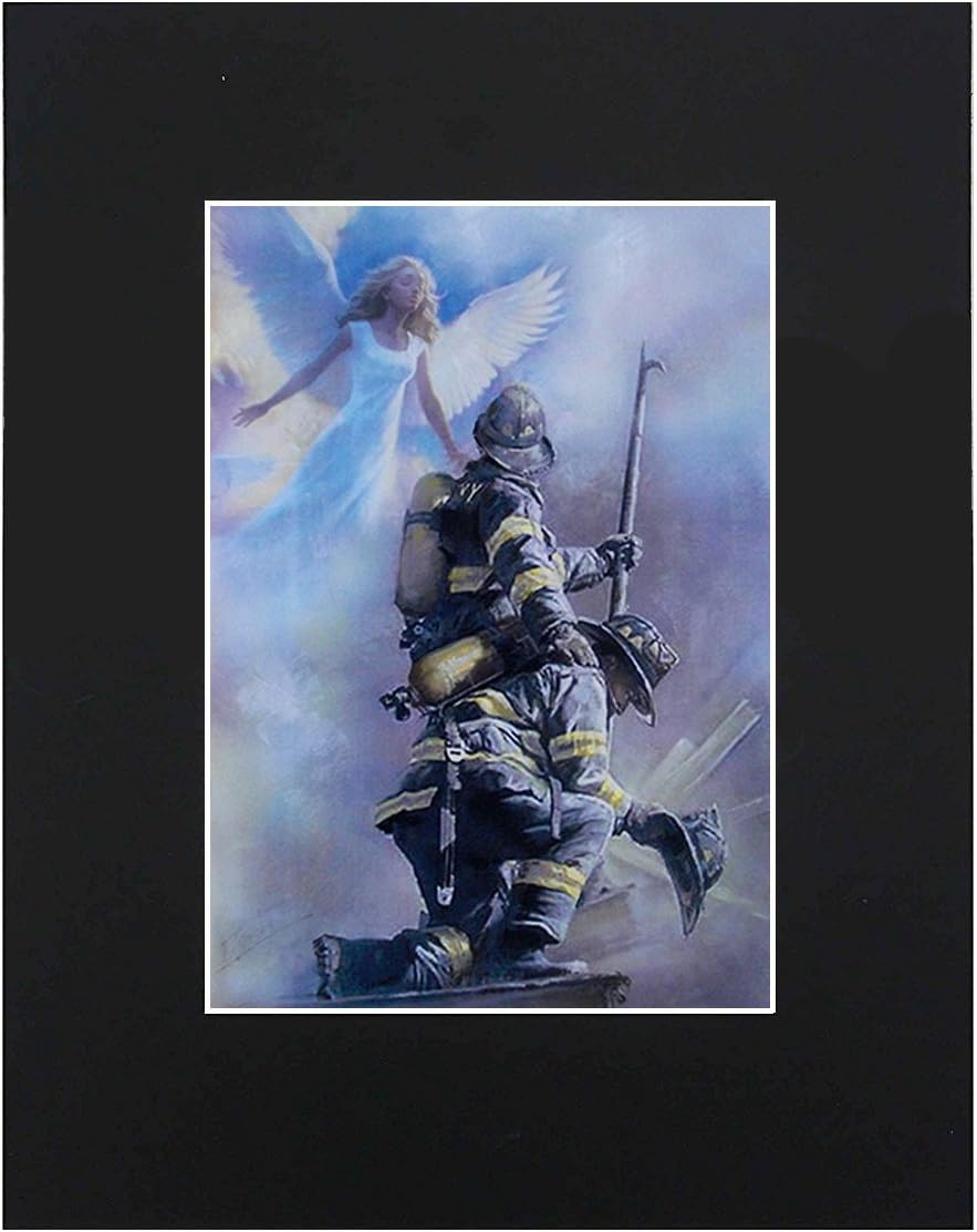 Amazon.com: XQArtStudio Angel & Firefighter 8x10 Black Matted Art ...