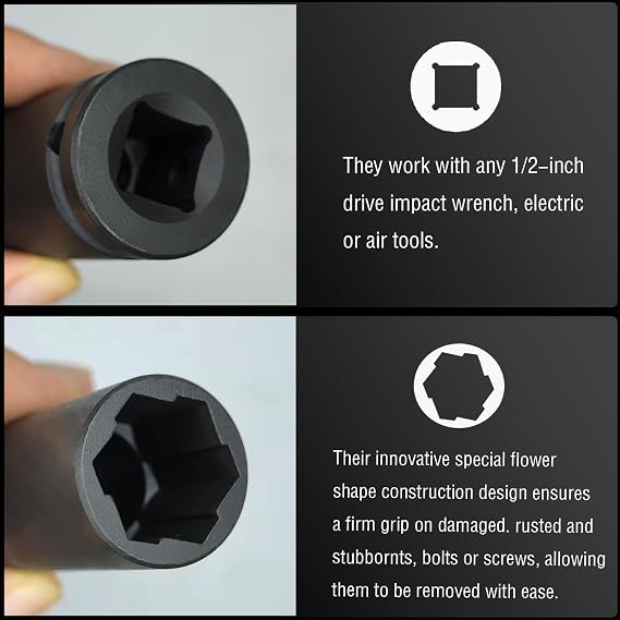 3PCS Twist Lug Nut Socket Set, 1/2 Drive Bolt Nut Extractor Tool | Metric, 17mm, 19mm, 21mm Socket, Damaged Nut Lock Remover, Rusted, Stripped, Screws, Stuck Locking Nut Removal