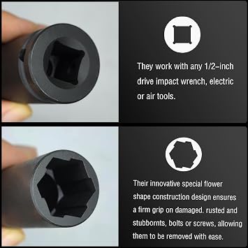 3PCS Twist Lug Nut Socket Set, 1/2 Drive Bolt Nut Extractor Tool | Metric, 17mm, 19mm, 21mm Socket, Damaged Nut Lock Remover, Rusted, Stripped, Screws, Stuck Locking Nut Removal