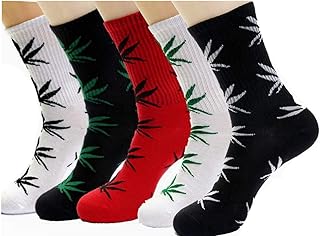 5 Pairs Unisex Marijuana Weed Leaf Cotton Athletic Sports Marijuana High Crew Socks for Men&Women