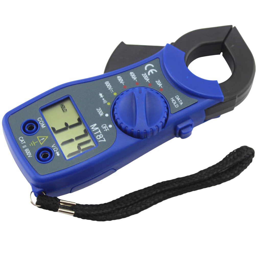 Front view of the MT87 Digital Clamp Multimeter showing the display, function dial, clamp jaw, and input jacks.