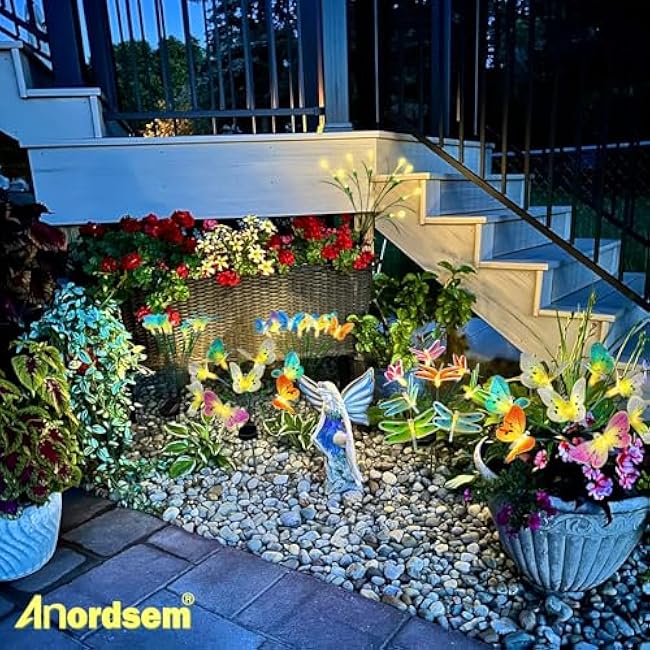 Anordsem Solar Garden Lights Outdoor: 8 Removable Fiber Optic Fabric Butterflies 2 Pack - Waterproof Fun Animal Decoration for Yard Patio - Gardening Gifts for Garden Lovers