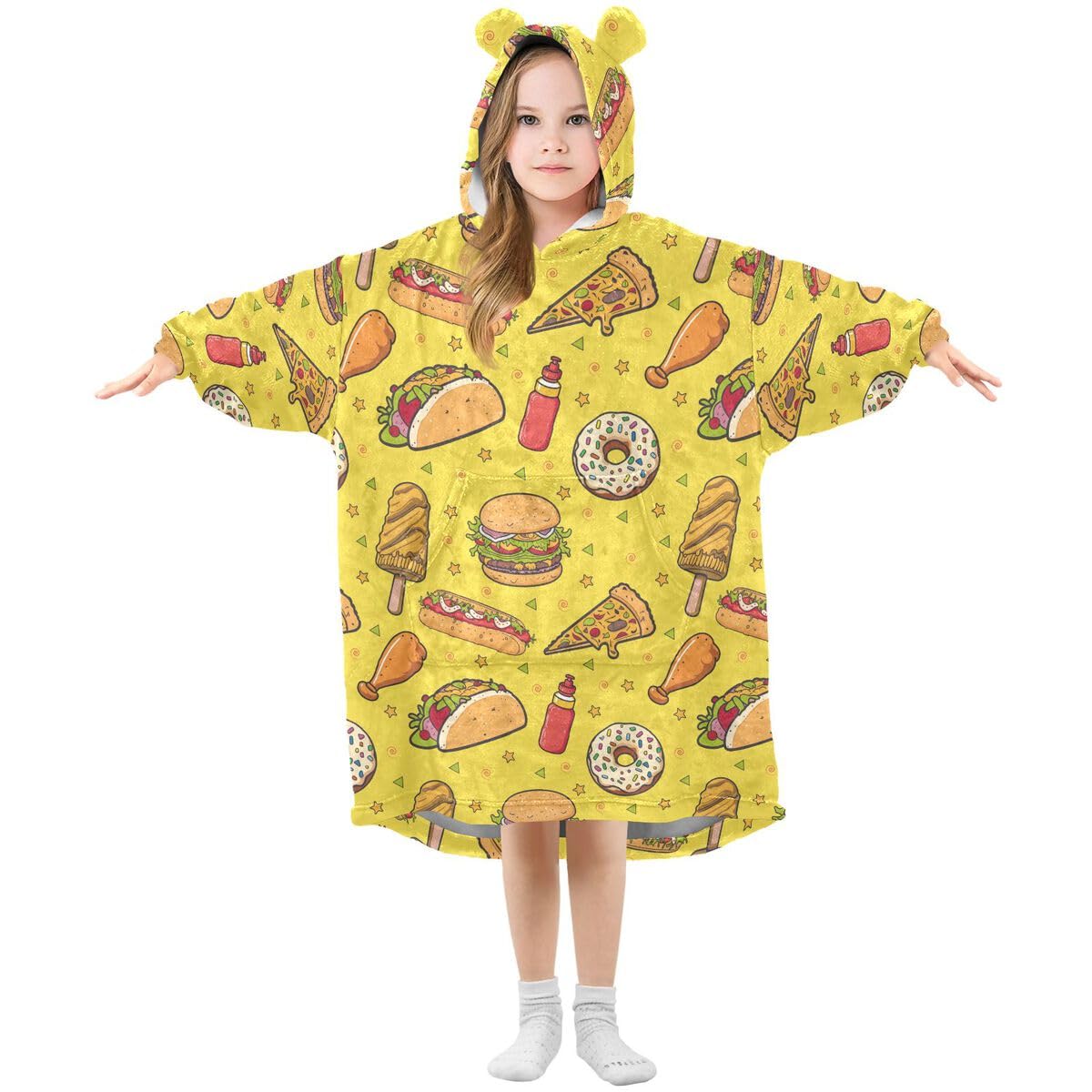 Fast Food Donut dziecięcy koc do noszenia z kapturem oversize bluza koc sweter żółty dla chłopców i dziewcząt w wieku 3-14 lat