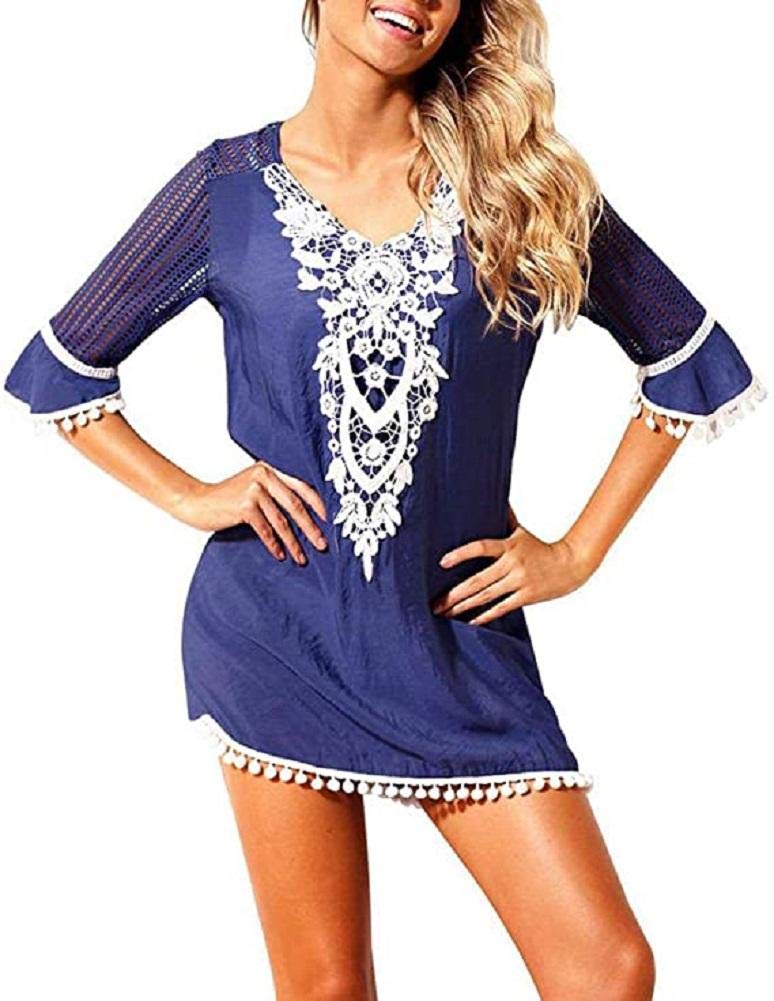 TBSCWYF Vestido de Playa Mujer V-Cuello Camisola de Playa Suelto Blusa Traje de Baño Bikini Cover up Talla Grande Mujer Vestido de Playa Ganchillo Bikini Cover up con Cuello en V Cubrir Blusa Camisolas