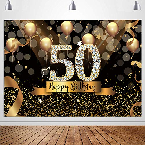 Sensfun 7X5Ft Happy 50Th Birthday Party Photography Backdrop Glitter Black And Gold Balloons Background For Woman Fabulous 50 Bday Party Decorations Shining Diamond Fifty Years Old Photo Booth Banner #TOP3