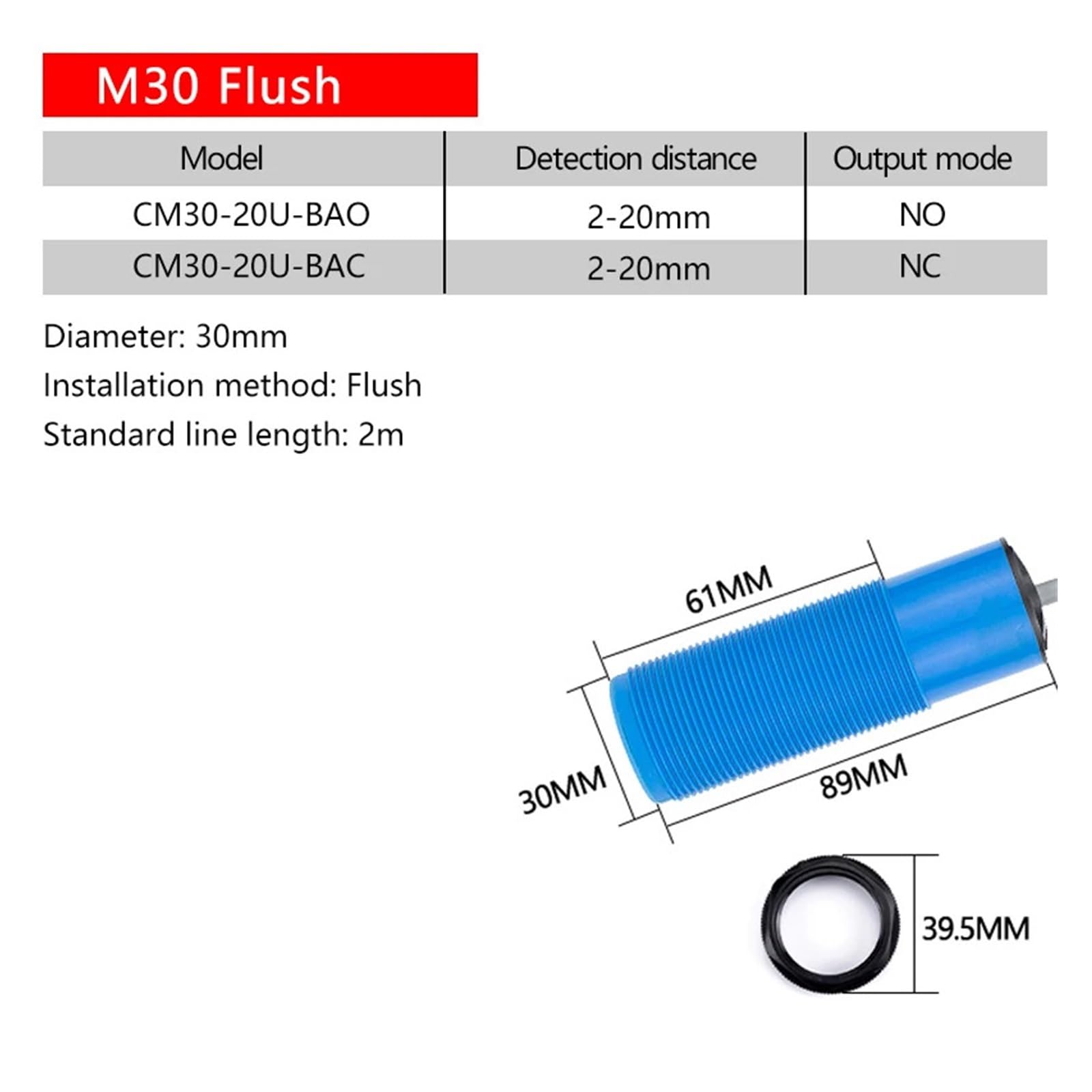 Sensor de proximidad capacitivo M30, dos hilos, CA 220 V, normalmente abierto, normalmente cerrado, salida de tres hilos.(CM30-20U-BA,NC)