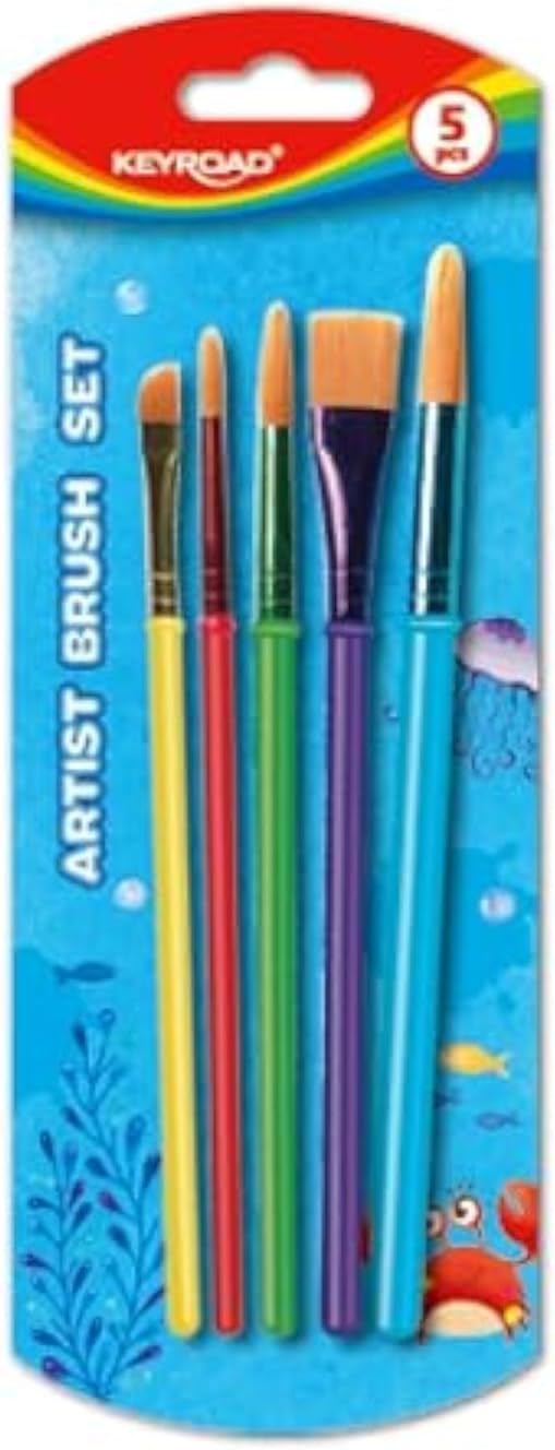 Brushes for Children – Box with 5 Brushes – Handle with Coloured Case – School Brushes with Fine Synthetic Hair – School Supplies Ideal for Crafts – Keyroad