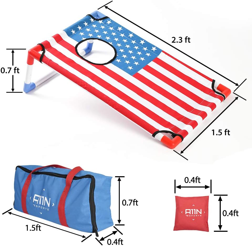 A11N Portable PVC Framed Cornhole Game Set with 8 Bean Bags & Carrying Bag | American Flag Pattern