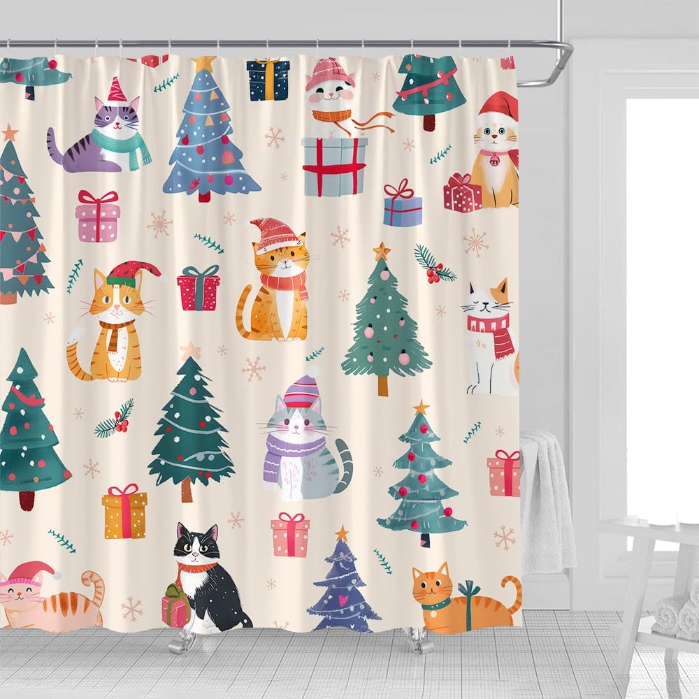Christmas Cat Shower Curtain Cute Cartoon Kitten with Xmas Hat Pine Tree Winter Snowflake Star Lovely Animal Pets Lover Happy New Year Fabric Bathroom Decor Curtains with Hooks,70 x 80