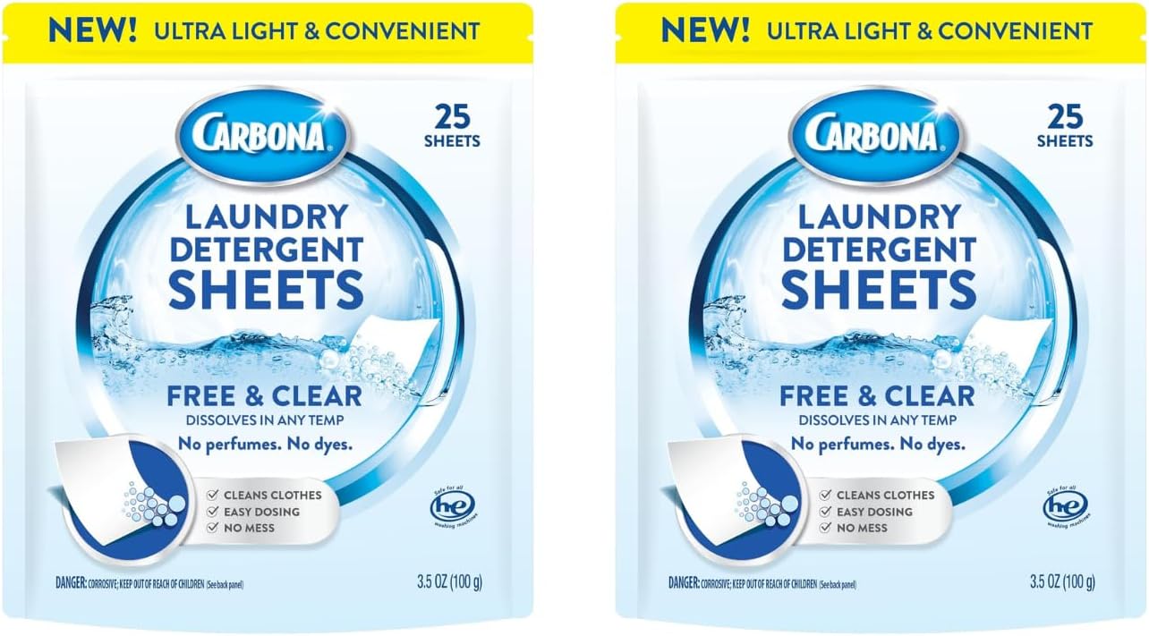 Carbona Laundry Detergent Sheets - Free & Clear (25 Sheets) (Pack of 2)