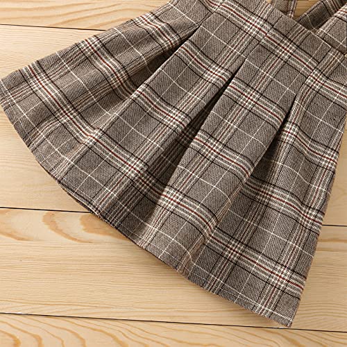 Toddler Baby Girls Autumn Outfits Long Flare Sleeve White Top Brown Plaid Suspender Dress Skirt Clothes Set (White Brown, 2-3T) #TOP5