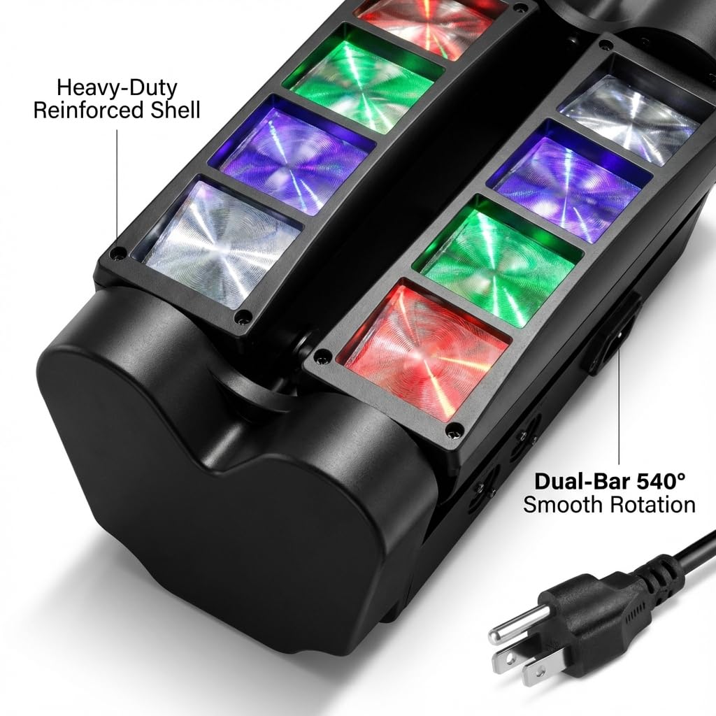 QWORK Spider, luci da DJ a testa mobile, 8 x 3 W RGBW, fascio di luce a 540 gradi, asse XY con 4 modalità di illuminazione, DMX512 attivata dal suono, per discoteca, karaoke, feste, palcoscenico