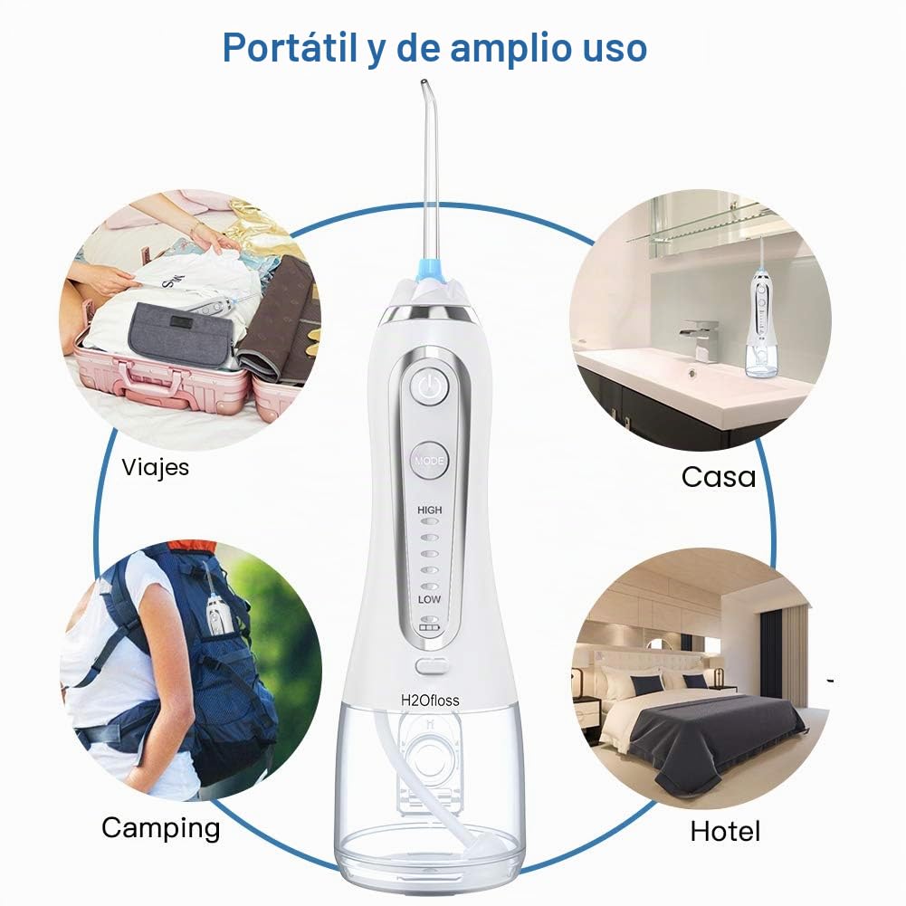 Irrigador Bucal Portátil Profesional - Multifuncional 300ml Irrigador Dental, 5 Modos 6 Boquillas, Tanque de Agua Extraíble, IPX7 Impermeable para Limpieza Dental, Ideal para Viaje(Blanco)