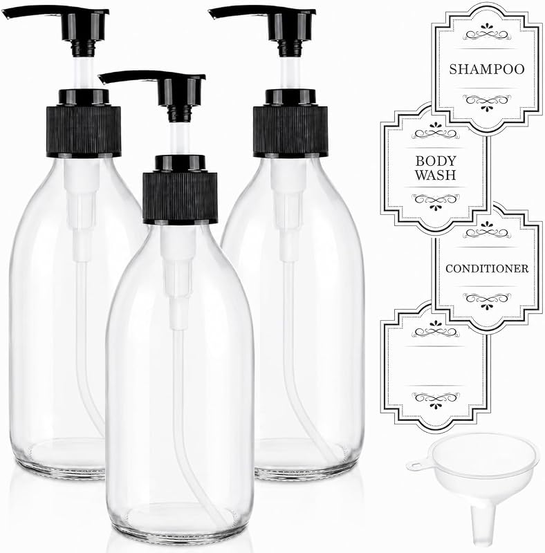 Frasco de Vidro Transparente com Bomba Dosadora para Sabonete e Óleo HomePicker, 250 mL, Pacote com 3