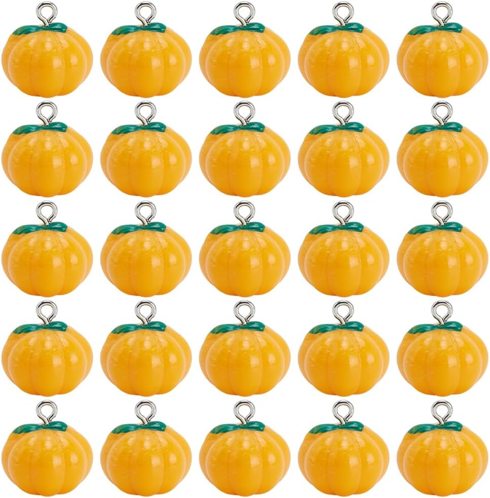 1 Box 40Pcs Pumpkin Charm Thanksgiving Resin Charms Bulk Orange Fall Autumn Holiday 3D Pumpkin Shaped Pendants with Iron Loop for Jewelry Making Earrings DIY Crafts Halloween Accessories