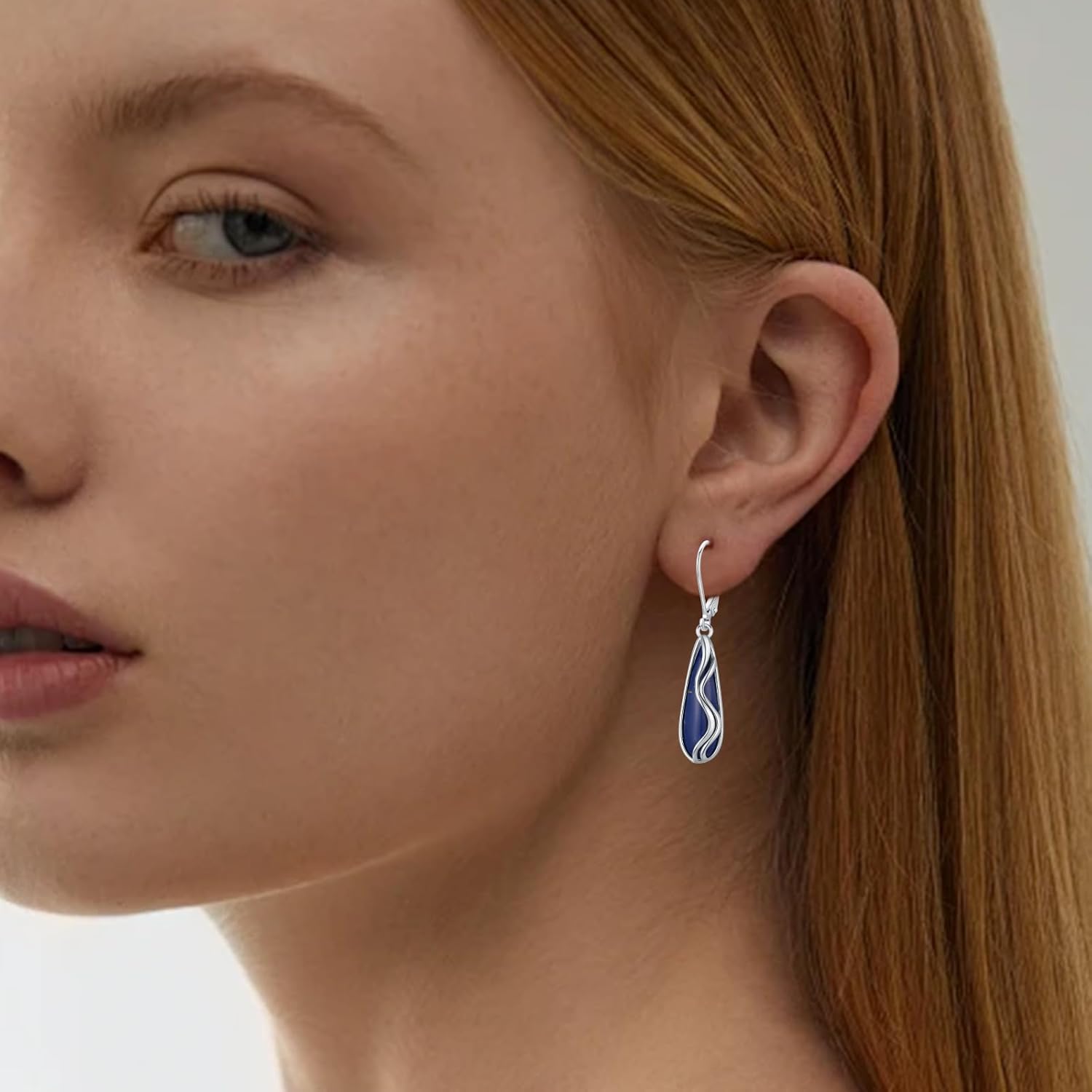 Vintage 925 Sterling Silver Lapis Lazuli Earrings for Women, Genuine Blue Stone Filigree Dangle Leverback Drop Earrings for Everyday Wear/Birthday Christmas Gift (A01-Wave)