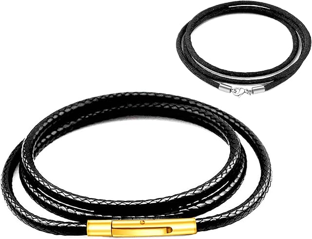 findout 2mm black Waterproof Braided Leather Necklace For Men, Gold Stainless Steel Buckle Clasp Hyponic Wax Rope leather Chain Necklace For Women Girl Boy, Free Steel Silk Chain 14-36inch
