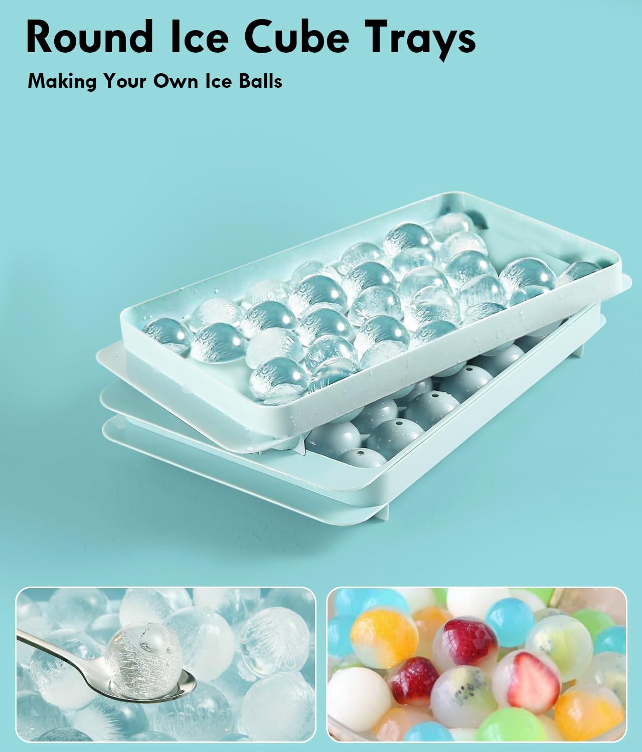 Vassoio Per Cubetti Di Ghiaccio Rotondi Con Coperchio E Contenitore - 28 Palline - Stampi In Silicone Con Pala