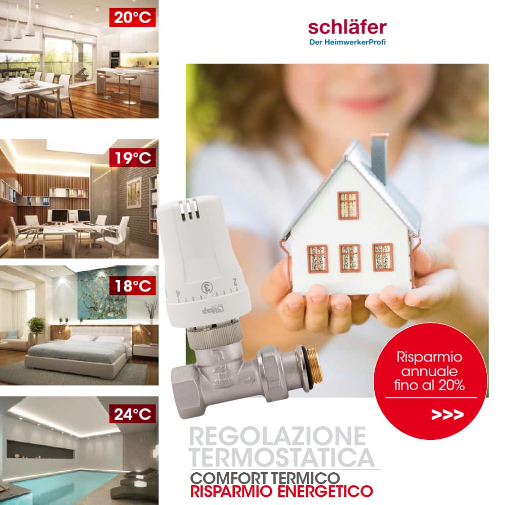 Schläfer 37020001 | Valvola Termostatica Completa per Termosifoni, Valvola Termostatizzabile Dritta con Testina di Comando Termostatica per Radiatore Riscaldamento Termosifone Termoarredo 0-28 C