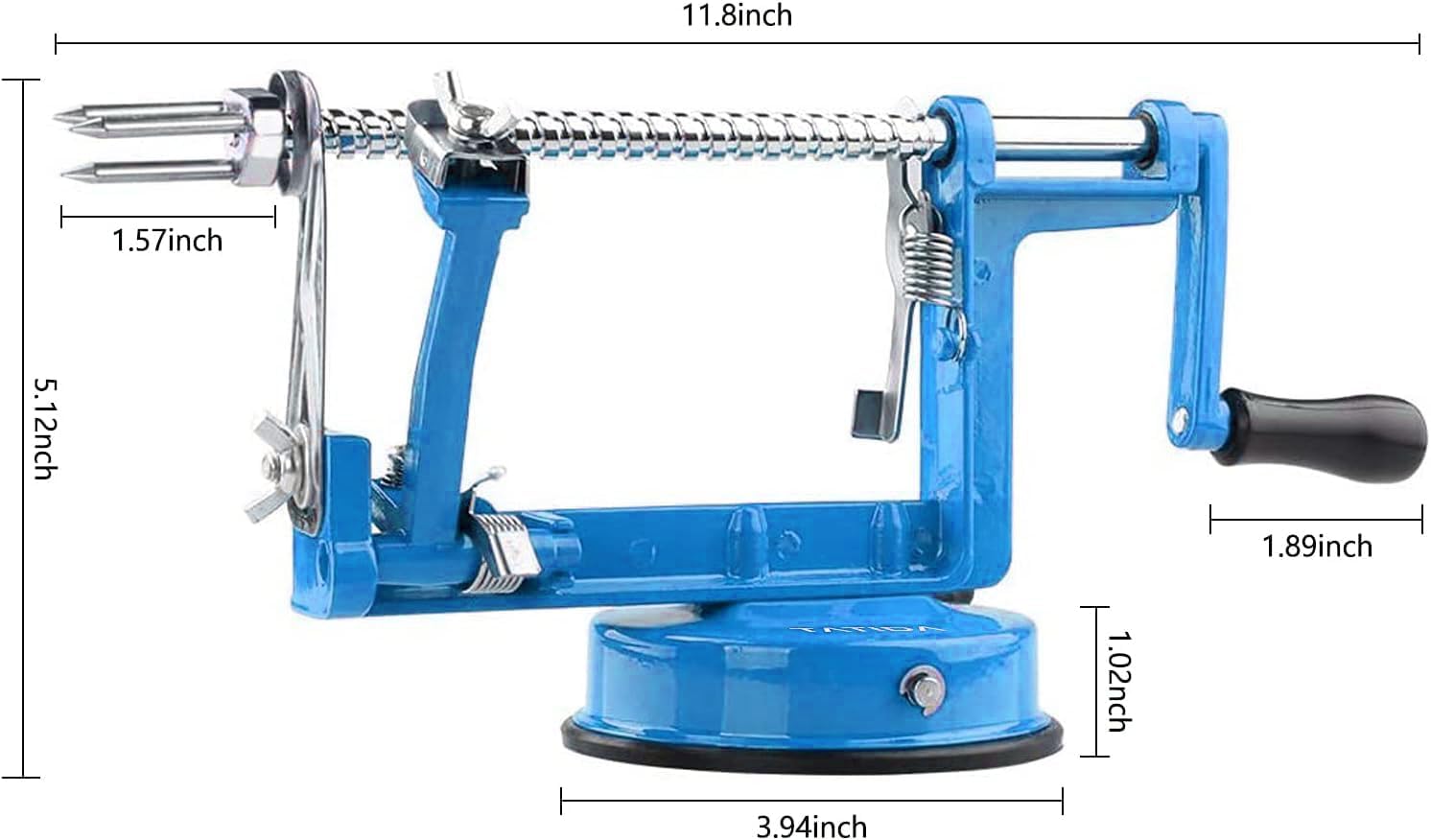 apple peeler corer, long lasting chrome cast iron apple peeler slicer corer with stainless steel blades and powerful suction base for apples and potato(blue) lake blue