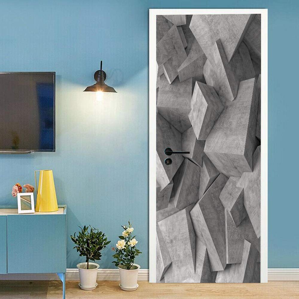 Sticker de porte géométrie 3D grise papier peint de rénovation 88x200cm