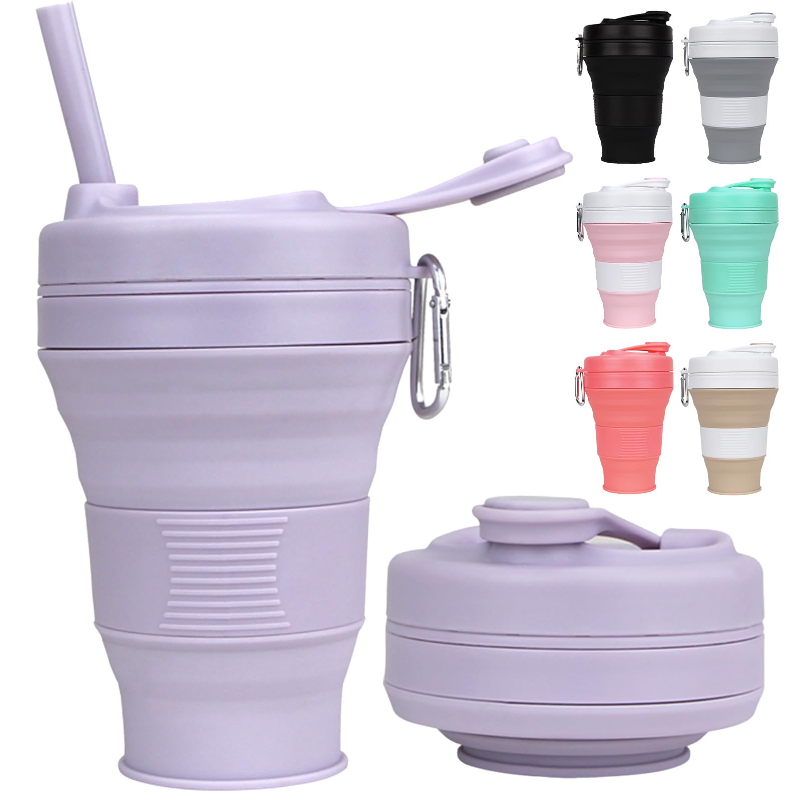 MORAINJAY Collapsible Coffee Cup with Lids,20oz/600ml Purple Silicone Portable Reusable Coffee Mug,Foldable Camping Travel Cup Fits in Your Pocket(Collapses to 7cm)