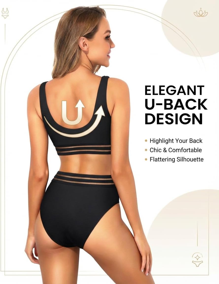 Tempt Me Women Two Piece Scoop Neck Bikini Crop Top Swimsuit Sporty High Waisted Bathing Suit