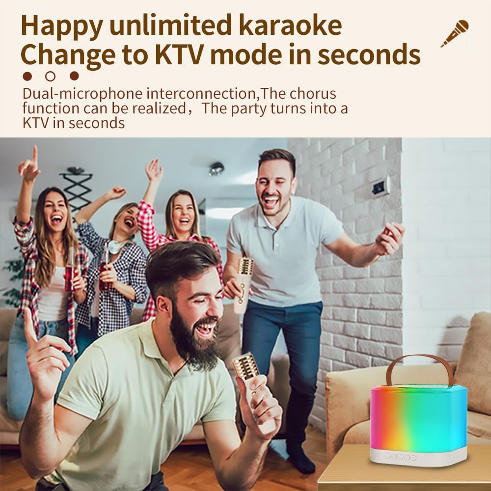 Hanzete Mini macchina per karaoke con microfono wireless e set di altoparlanti con 2 microfoni ricaricabili a LED, luce colorata, altoparlante per karaoke, feste di compleanno, desktop, fitness, set