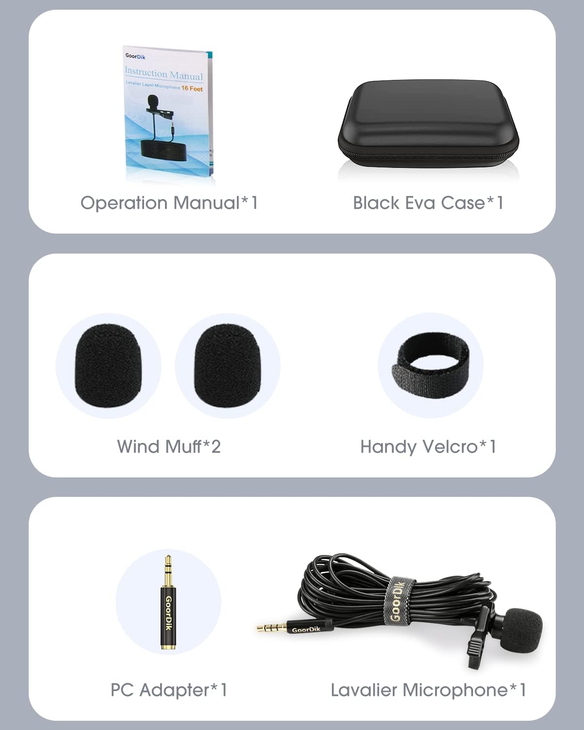 Contents of the GoorDik lavalier microphone package