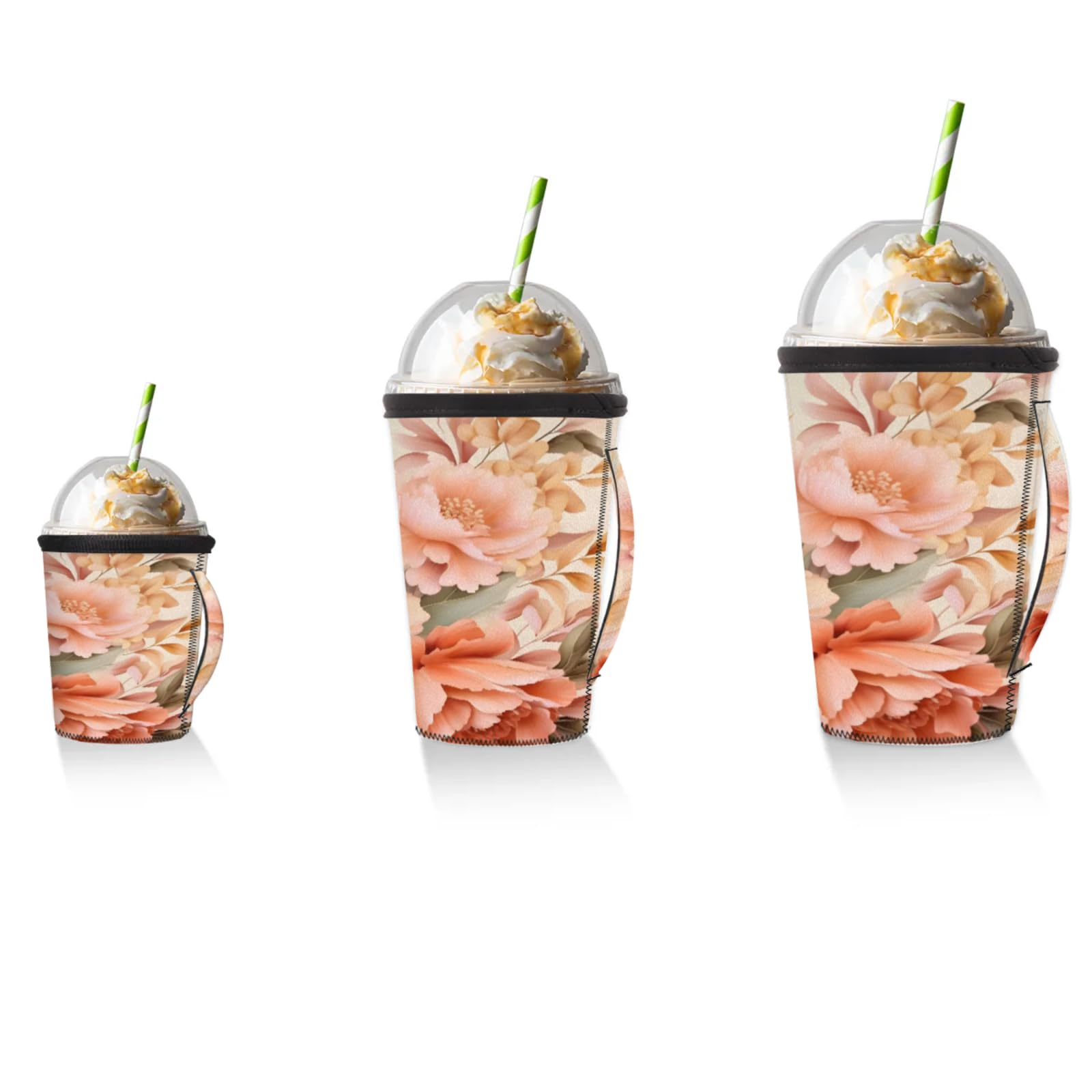 Peony Watercolor Reusable Neoprene Coffee Sleeve with Handle Insulated Iced Coffee Cup Holder Reduces Condensation Fits 24-28 oz Cups M