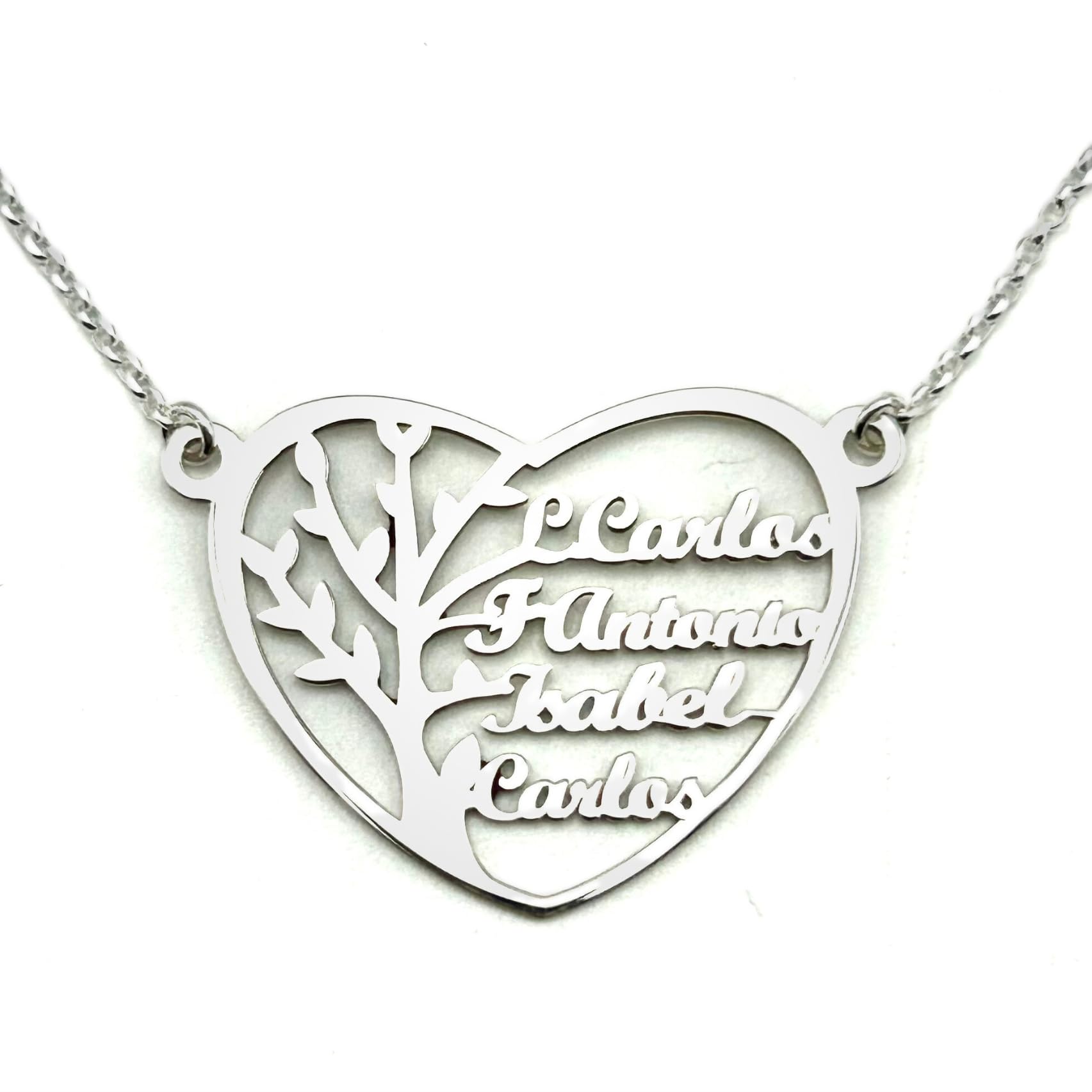 LUXFAN´S FANTASY DELUXE Collar Personalizable Árbol de la Vida en Plata de Ley 925 con nombres, con cadena Rolo de 45cm + Alargador. Gargantilla ideal para regalar a madres o abuelas con nombres de la familia. (Corazón)