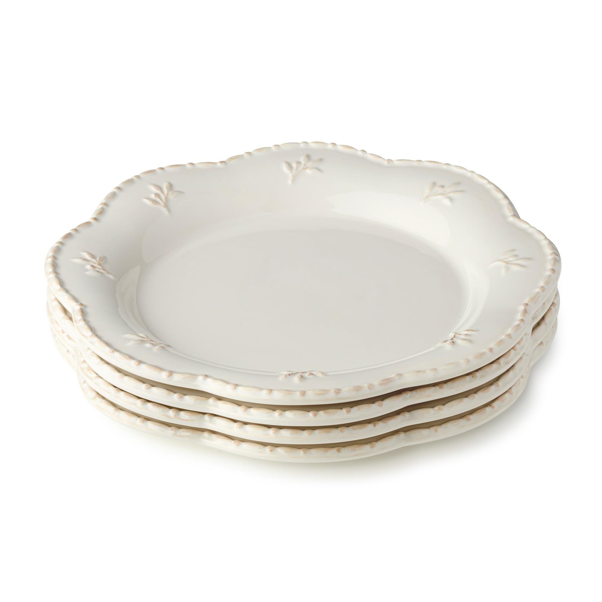 Heritage Beads 11-Inch Stoneware Dinner Plates – Elegant Scalloped Rim Plates with Embossed Beading, Set of 4 – Timeless Off-White Plates for Dinner