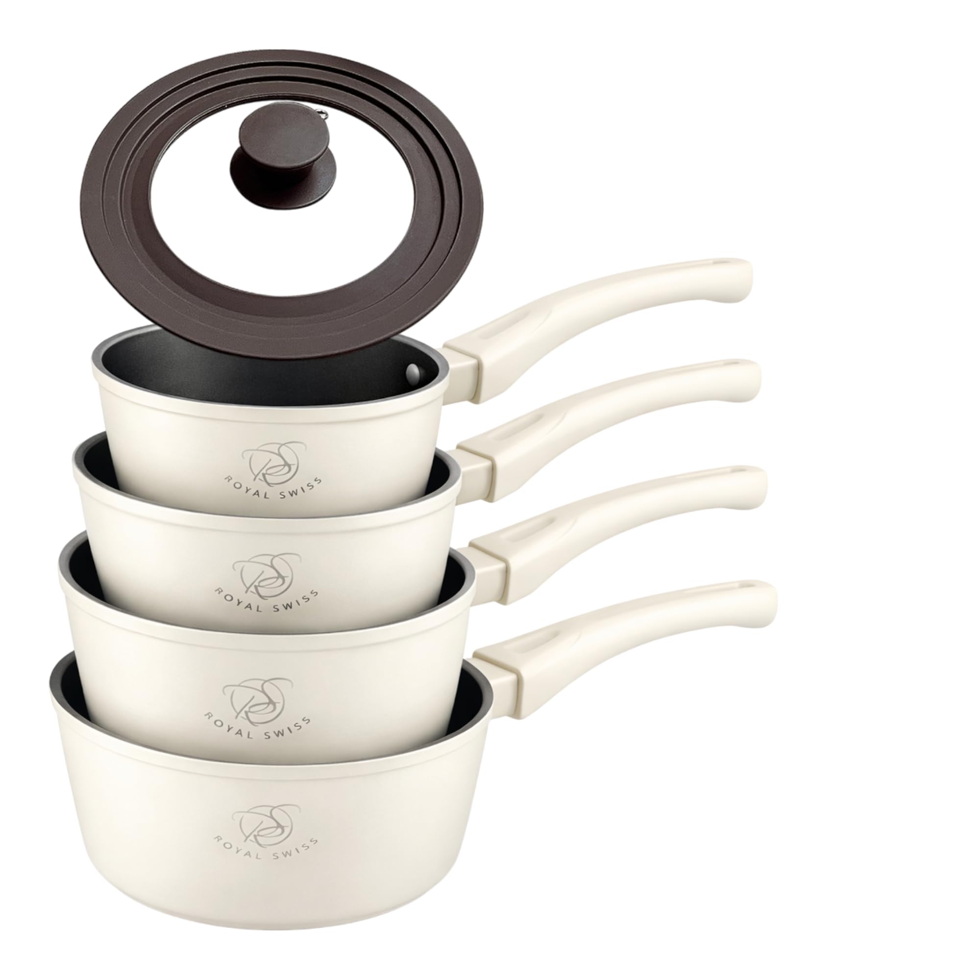 Royal Swiss® 5-teiliges Töpfe-Set mit abnehmbarem Griff | Kochtöpfe 14/16/18/20 cm + Universal-Glasdeckel | Induktionsgeeignet, Platzsparendes Kochset für alle Herdarten (Beige, normal)