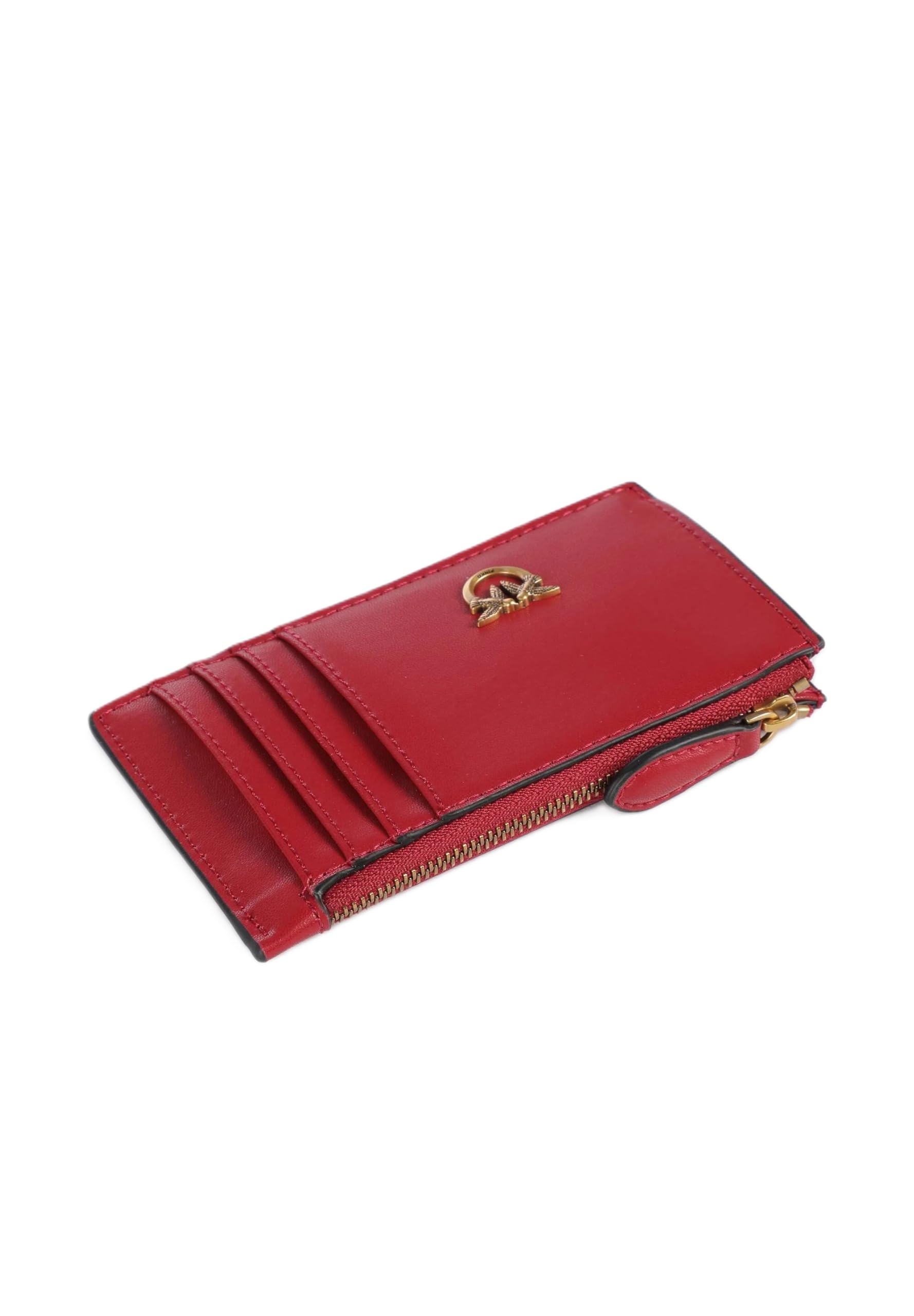 Pinko Portacarte Airone in Pelle Rossa con Zip, 13x8 cm | 5 Slot per Carte, Scomparto Portamonete, 100% Pelle, Donna