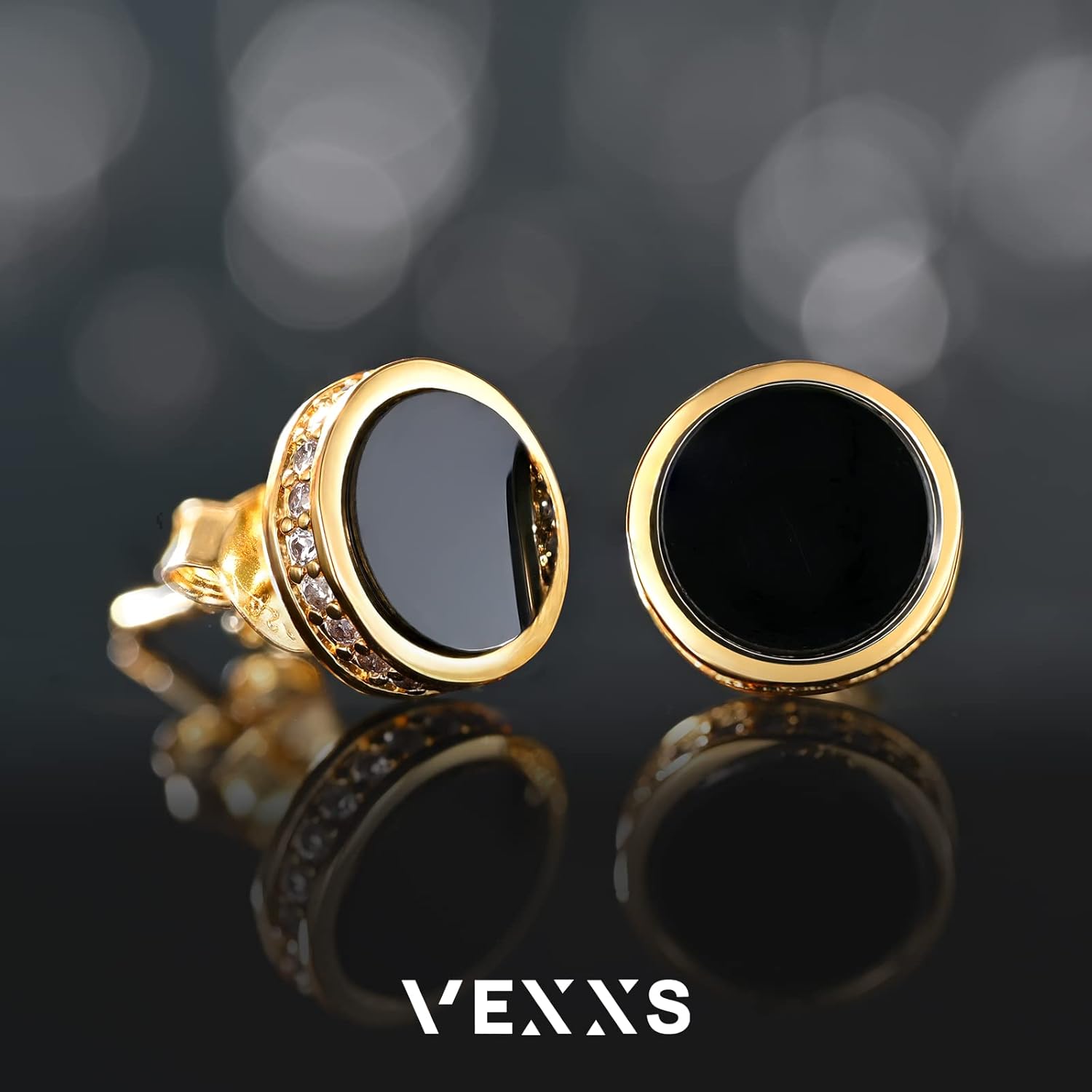 VEXXS S925 Diamond Stud Earrings for Men, 14K Real Gold Plated Iced Out Earrings Micro Pave 5A CZ Stones Men’s Studs, 925 Sterling Silver Earrings, Hypoallergenic Earrings for Men Women Hip Pop Earrings Black Earrings - Image 3