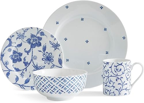 Portmeirion Home Blue Indigo - Juego de vajilla de 16 piezas con diseño floral azul y blanco, servicio para 4, hecho de porcelana, apto para