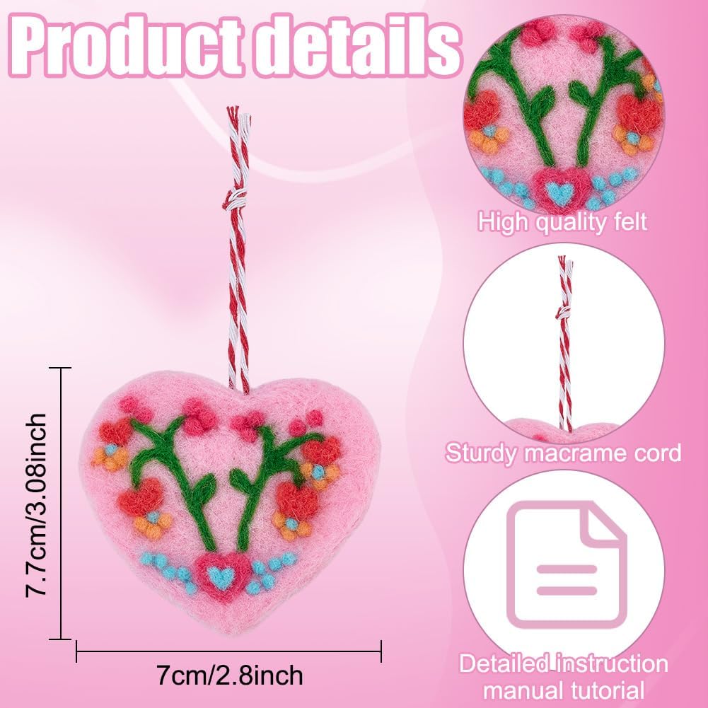 ORIGACH 5 Set Floral Heart Needle Felting Kit for Beginners DIY Wool Felted Heart Shape Ornaments Craft Kit for Adults with Instruction, Felting Foam Mat, DIY Needle Felting Supply