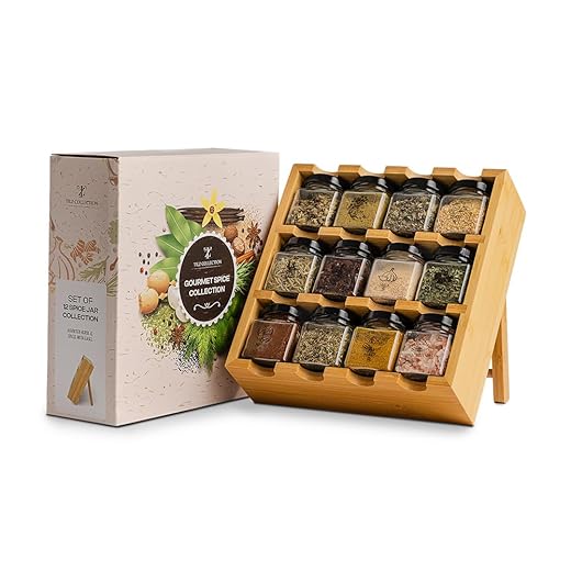 Lot de 12 pots à épices en bois avec épices incluses