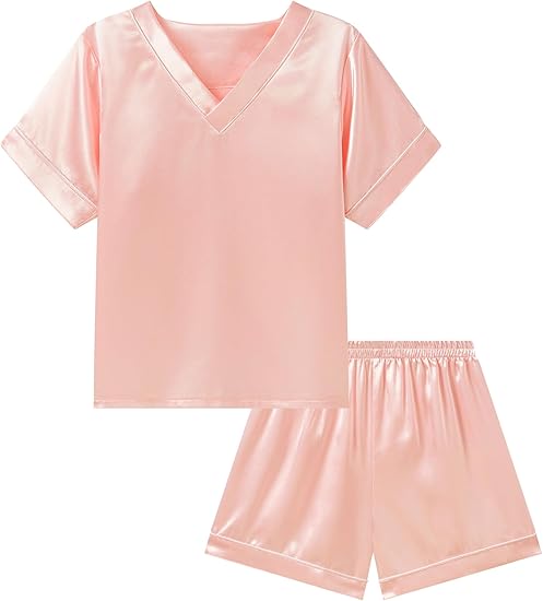 DIPUG Girls Pajamas Set Silky Satin Short Sleeve V Neck Pjs Soft Homewear Sleepwear 6-12 Years