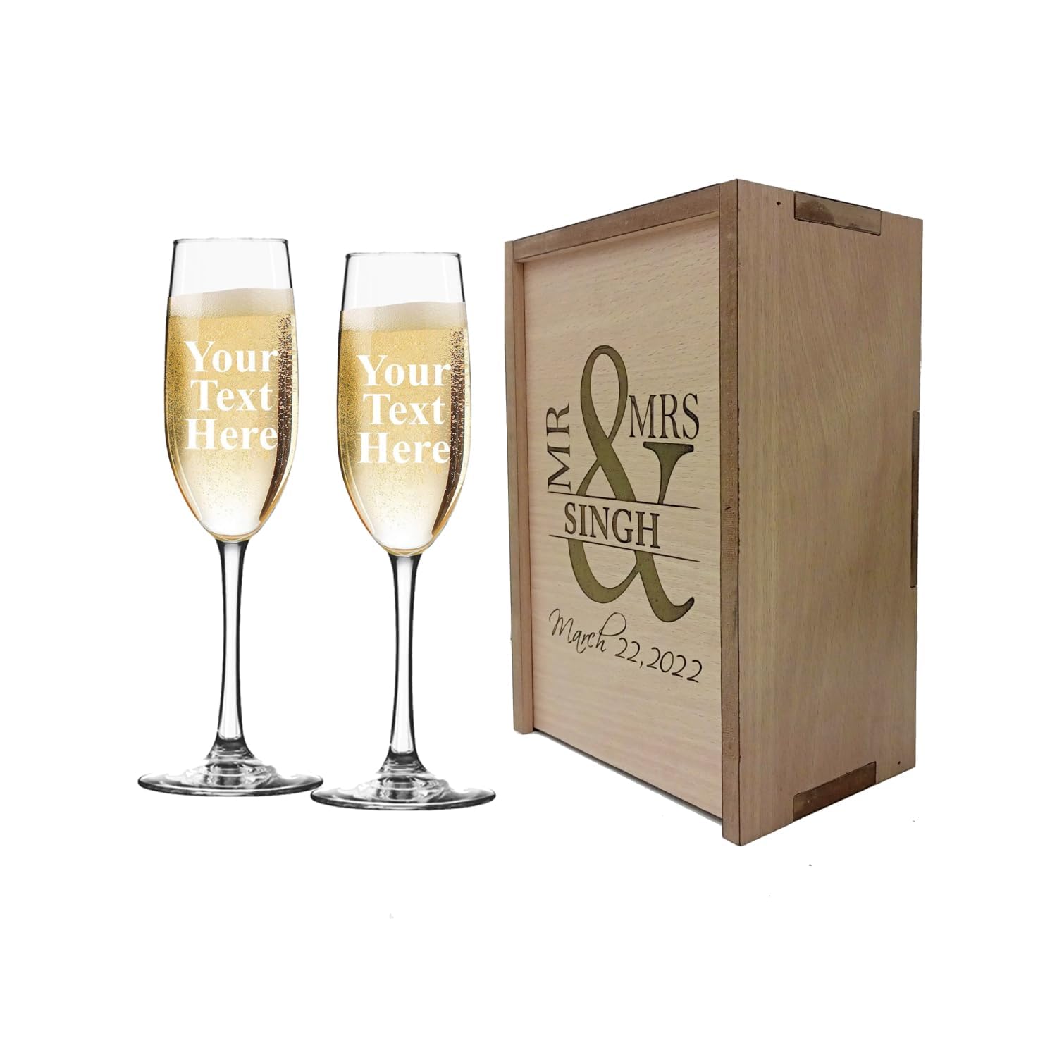 Custom Champagne Flutes Set with wooden box - Wedding Gift Champagne Glasses Personalized Bride & Groom Champagne Flutes Set of 2 - Couple Wedding Gifts Idea, Anniversary, Engagement Toasting Glasses